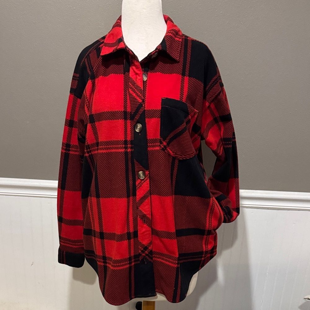 Maurices Women's Red and Black Plaid Button Down Shirt Size Medium